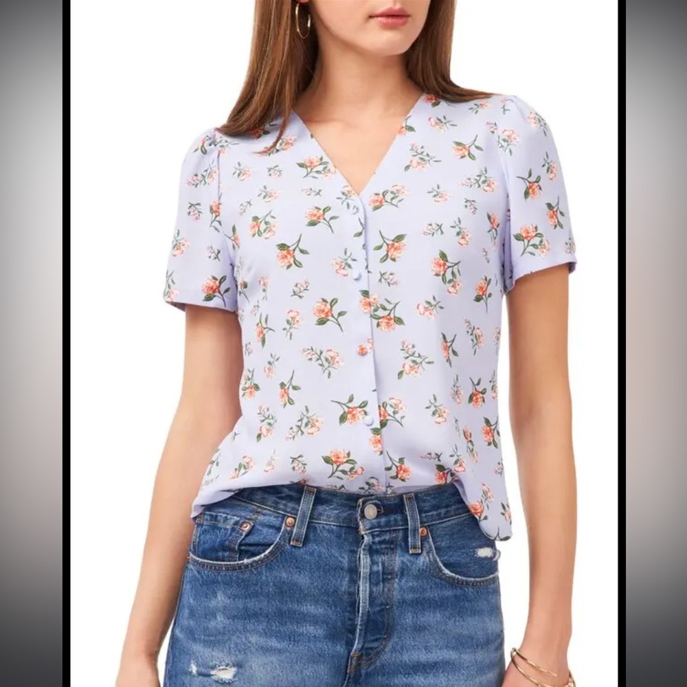 1.STATE Floral Puff Sleeve Button - Up Blouse